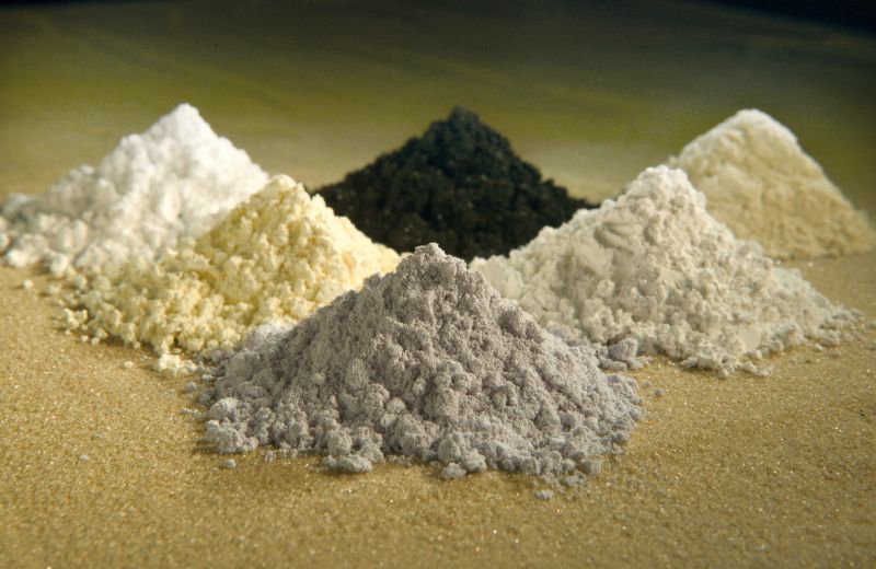 Rare-earth oxides praseodymium, cerium, lanthanum, neodymium, samarium and gadolinium pictured appear as different coloured powders