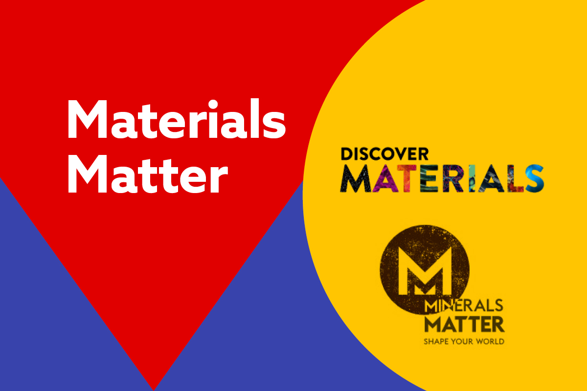 Materials, Minerals & Mining Matter 10 Nov Millennium Point, with Discover Materials & Materials Matter logos on red, yellow and indigo background