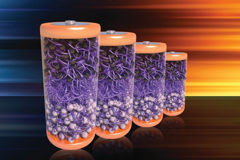A depiction of batteries made with the new electrolyte material pictured