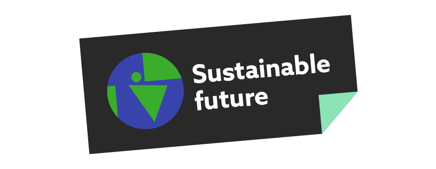 Sustainable future tag, black with a globe and white text