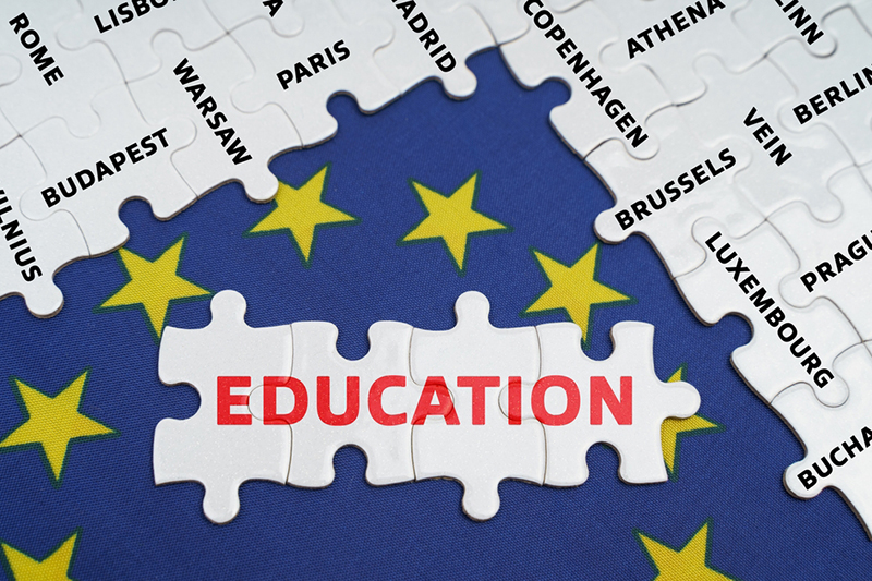white jigsaw pieces with European capital cities in black capital letters on them, in the centre there is a gap which shows part of the EU flag with more pieces and red caps reading education