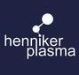 Henniker Plasma logo, white text & graphic on dark blue background