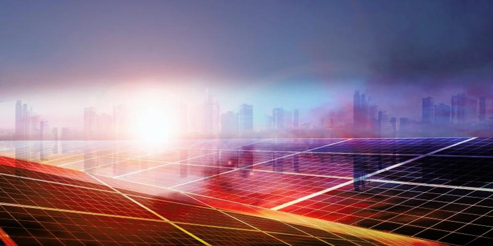 Solar panels and wind turbines at sunset or sunrise, concept photography featured.