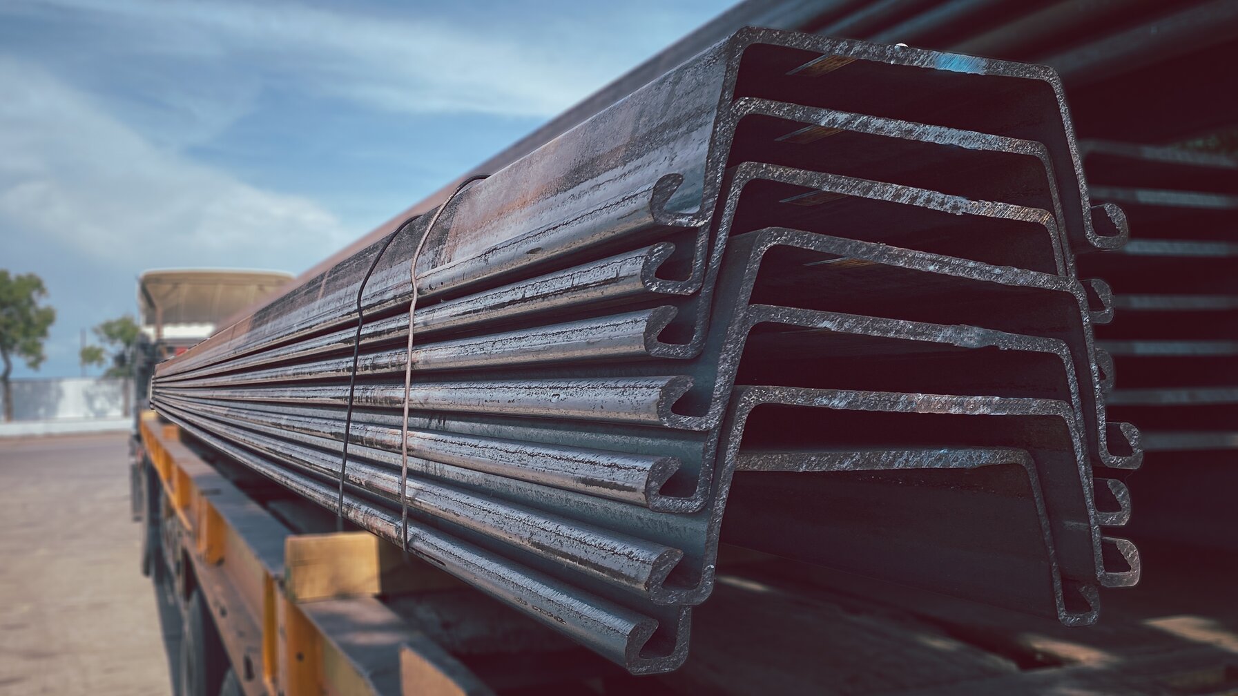 Pile of steel sheet plies in an outdoor yard