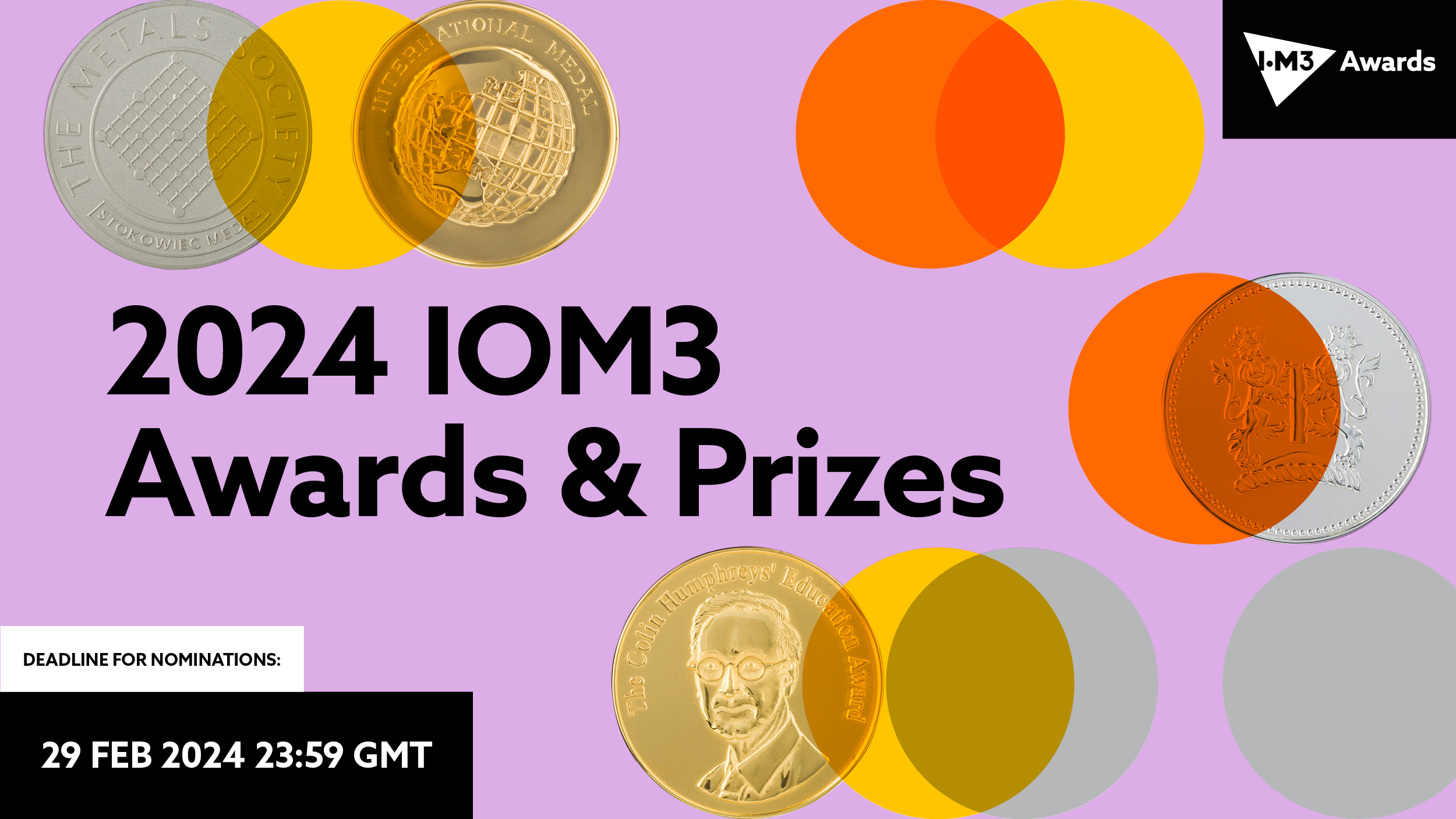 lilac background with overlapping circles and IOM3 medals scattered accross, black text reads 2024 IOM3 awards & prizes