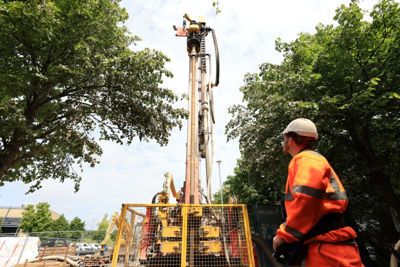 Borehole drilling in County Durham with work-person in foreground pictured