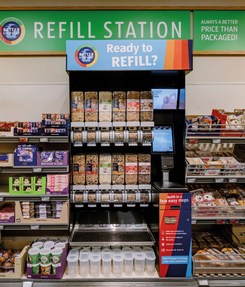 Retailer Aldi has rolled out a trial of a new refill system at its store in Solihull, UK, a refill station with a selection of products to refill is pictured.