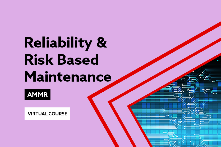 Lilac background with red highlights around an abstract image and text Reliability & Risk-based Maintenance virtual course