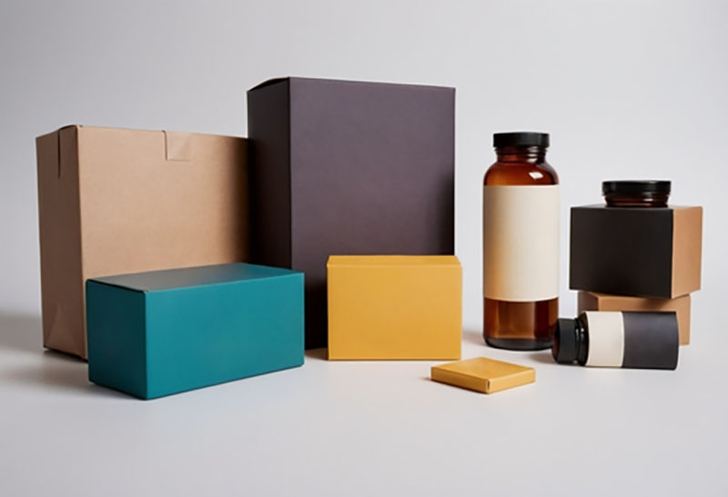 Seven assorted boxes of various sizes and colours, and three brown bottles with blank paper labels