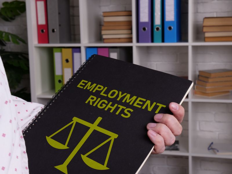 Employment rights are shown on a book cover with justice scales depicted in someone's hand