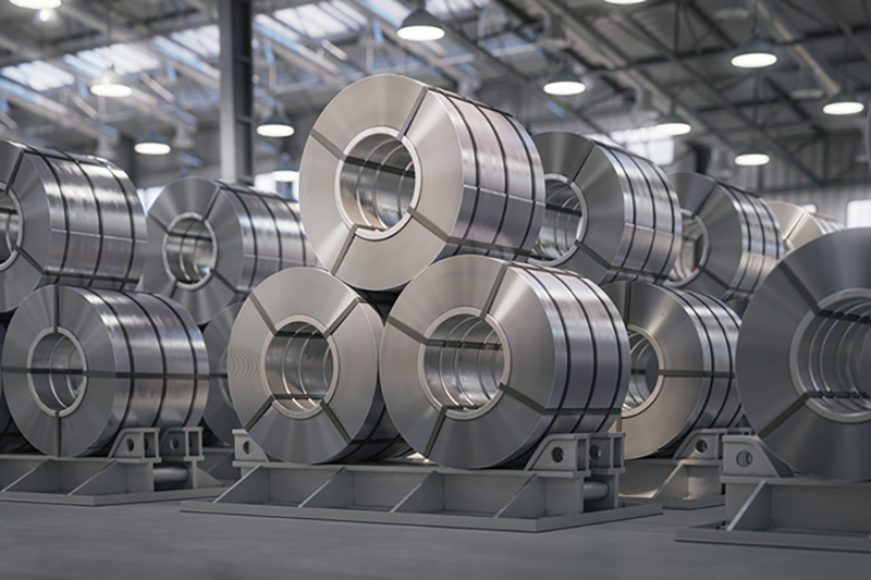 steel coils in a warehouse, three per pallett, six piles are visible