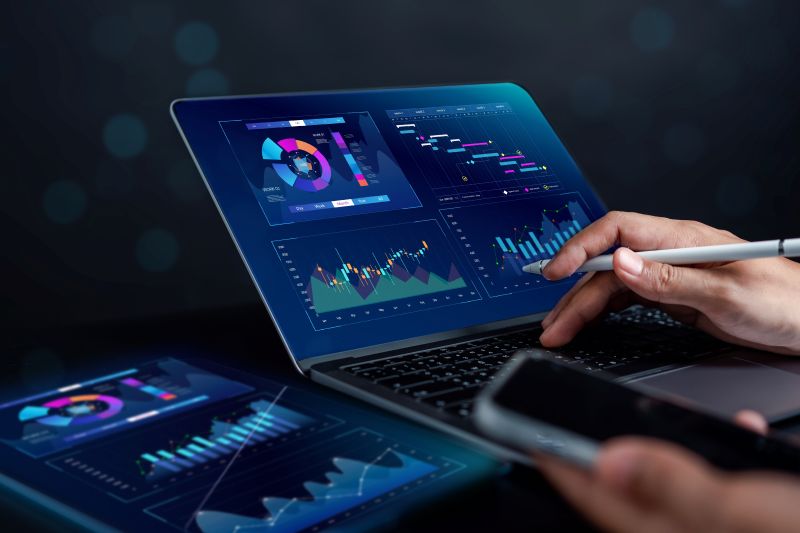 Analyst working in business analytics and data management system to make report pictured.