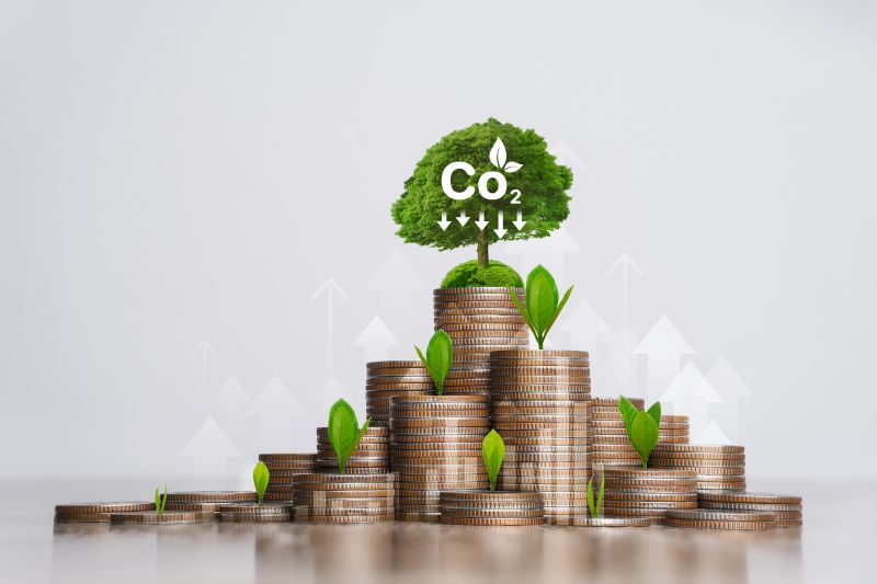 Concept of carbon credit reducing carbon emissions with a CO2 tree growing from coins