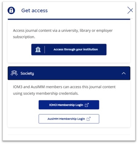 Screenshot of Sage journals portal sidebar with "society" and "IOM3 membership login" buttons