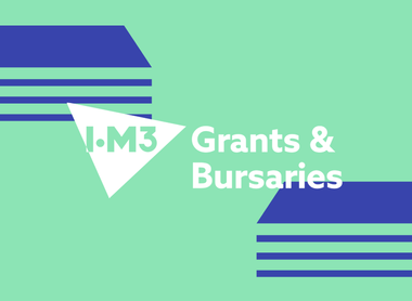 green rectangle with diagonally placed blue lines indicating cash to either side and IOM3 logo in a white triangle with the words grants & bursaries