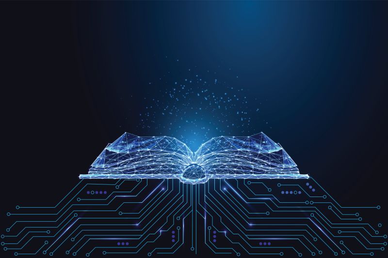 Artificial intelligence and digital education visualized by glowing open book on tech circuit board. Concept of AI learning, online knowledge, smart data, and education innovation.