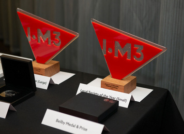 a table with two awards formed of polymer-based red and clear material. point down in wooden blocks reading IOM3