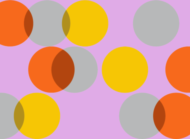 lilac background with overlapping circles scattered accross, the circles are grey, orange and yellow