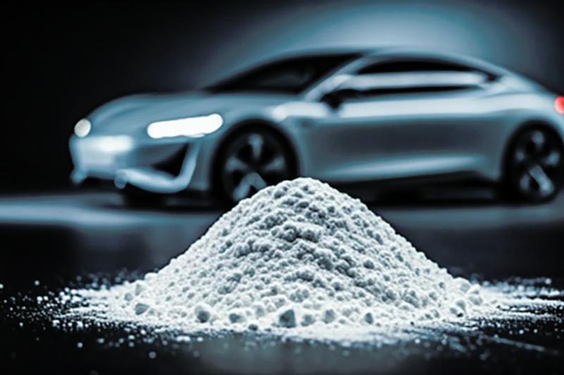 A pile of white powder in the foreground with a car in the background