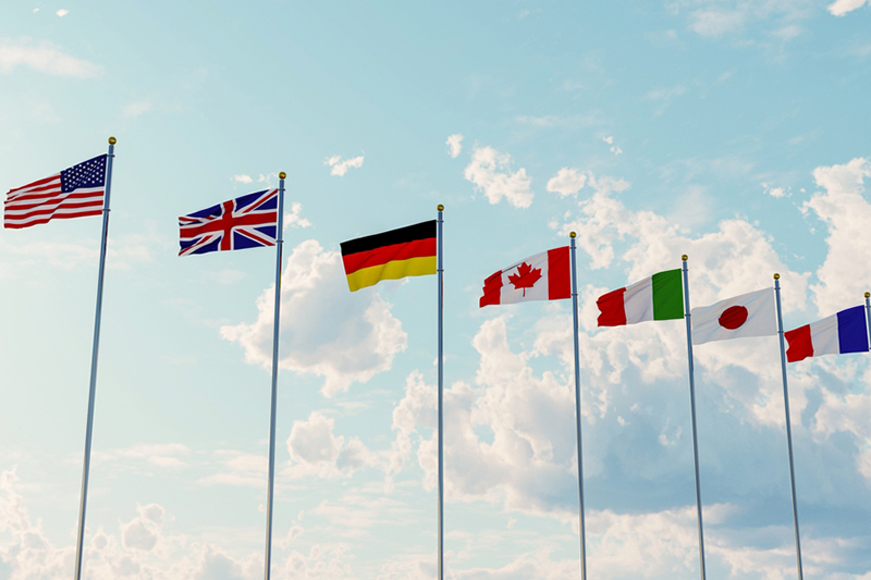 Flags of the seven G7 countries - Canada, Germany, Italy, France, Japan, USA States, United Kingdom. 