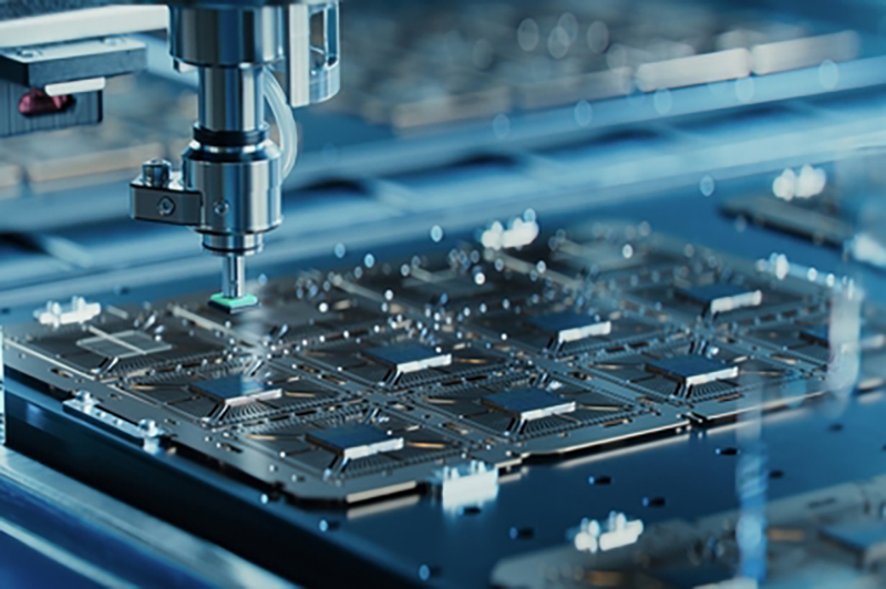 Silicon chips being attached to substrate by pick and place machine on semiconductor factory