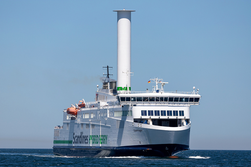 Scandlines hybrid ferry, Copenhagen, in white and green with installed Norsepower Rotor Sail 