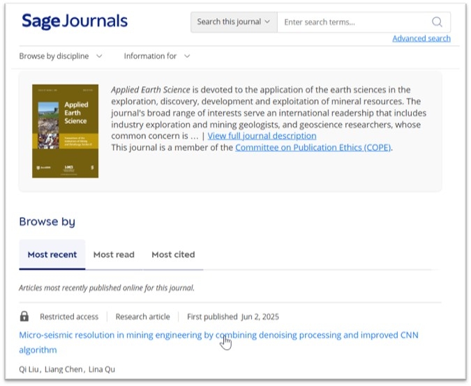 Screenshot from Sage journals of example paper listed in a journal 