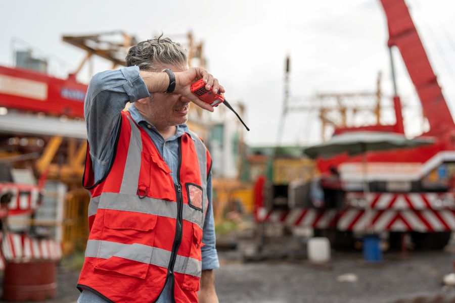 Senior civil engineer supervisor tired standing at worksite near crane machinery