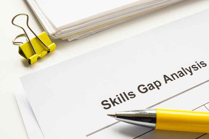 Stack of papers with the words skills gap analysis