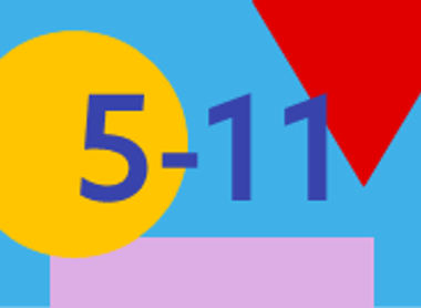 5-11 in violet text on light blue background with yellow circle on left, lilac rectangle along bottom and red triangle at top right