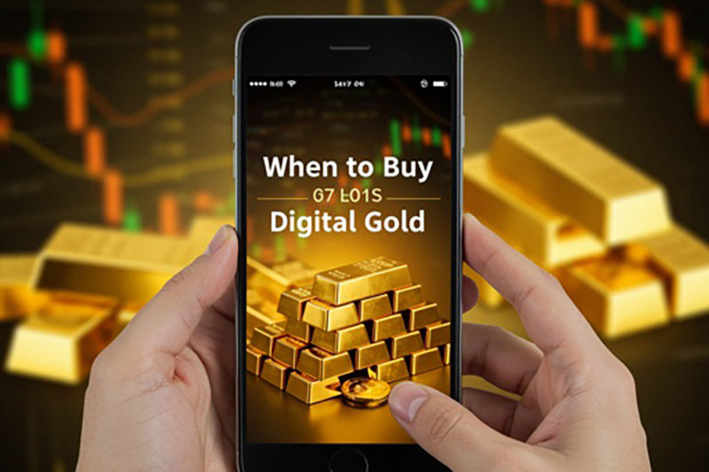 Hands holding a mobile phone with gold on it with the words 'when to buy gold' and gold bars in the background 