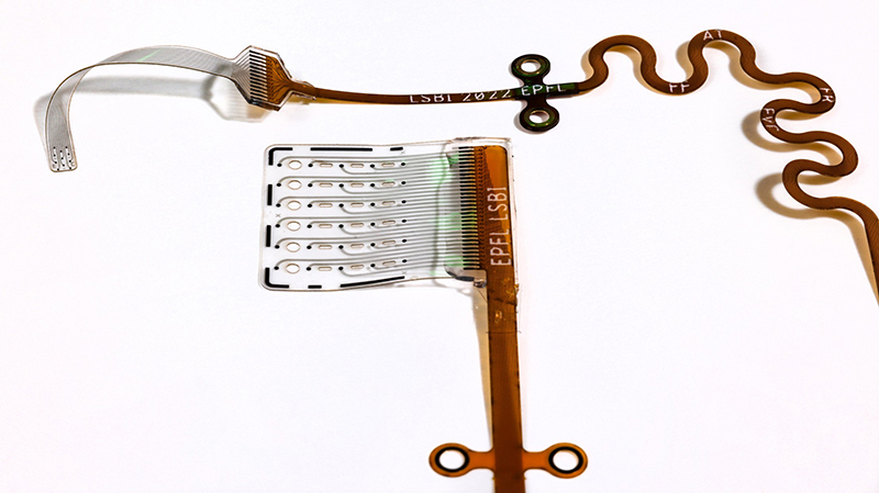 Electronic device with clear electrodes and brown connector on a white background