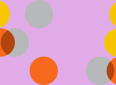 lilac background with overlapping circles scattered accross, the circles are grey, orange and yellow