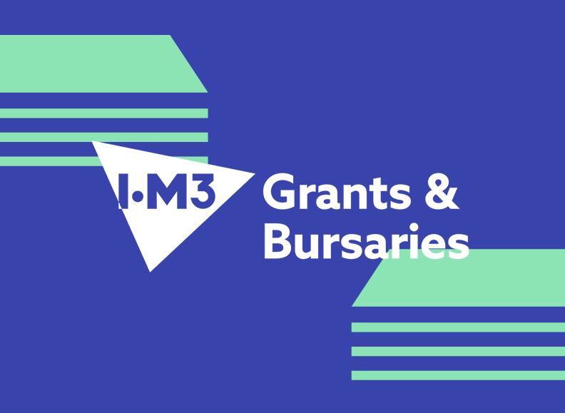 blue rectangle with diagonally placed green lines indicating cash to either side and IOM3 logo in a white triangle with the words grants & bursaries