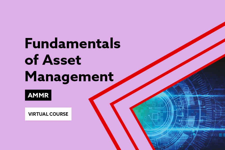 Lilac background with red highlights around an abstract image and text Fundamentals of Asset Management virtual course