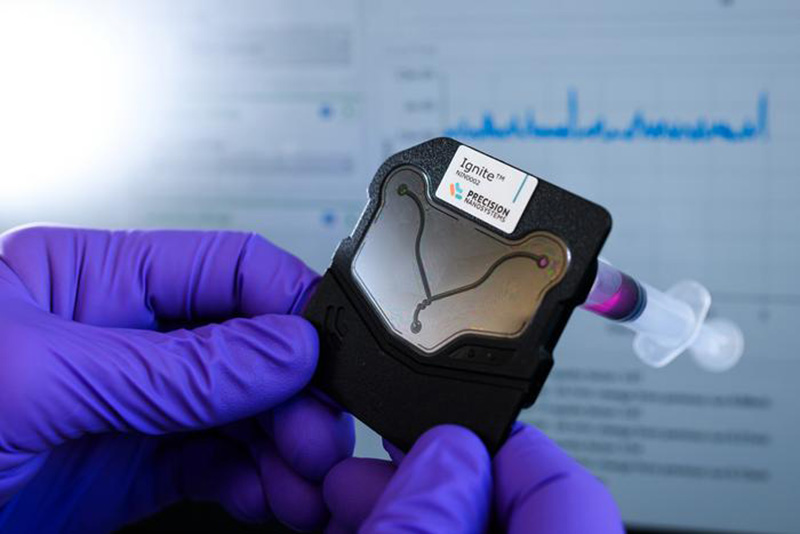purple gloved hands holding a black device with a syringe protruding from the rear, there is purple liquid in the syringe