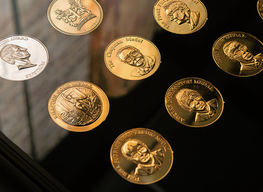 angled view of display case of IOM3 medals, three rows are visible leading off to the top right corner