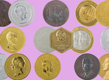 lilac background with overlapping IOM3 medals scattered accross