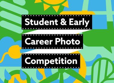 Sustainability icons in green, blue and yellow with black stips overlayed and white text reading stugent & early career photo competition