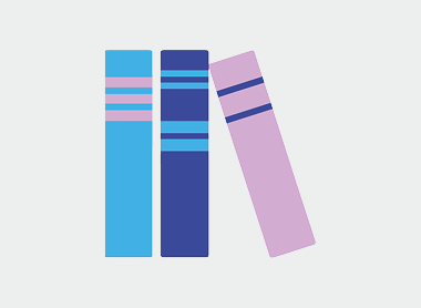 Book icon, three upright books in shades of blue and lilac 