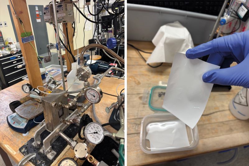 left shows an eperimental set up in a lab, right a membrane held in a blue glove with more in a sandwich box below