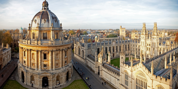 Oxford city from the air featuring the Radcliffe Camera and cloisters