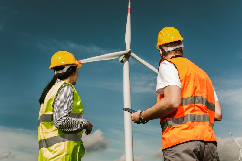 Windmill engineers inspection and progress check wind turbine pictured