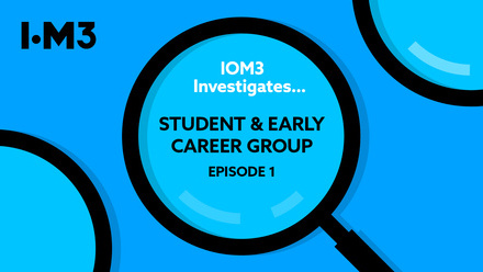 Bright blue background with a black magnifying glass and the title: IOM3 Investigates SECG Episode 1