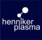 Henniker Plasma logo, white text & graphic on dark blue background