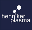 Henniker Plasma logo, white text & graphic on dark blue background