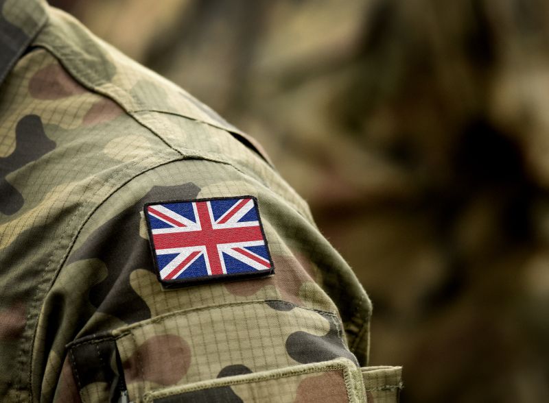 Flag of United Kingdom on military uniform. 