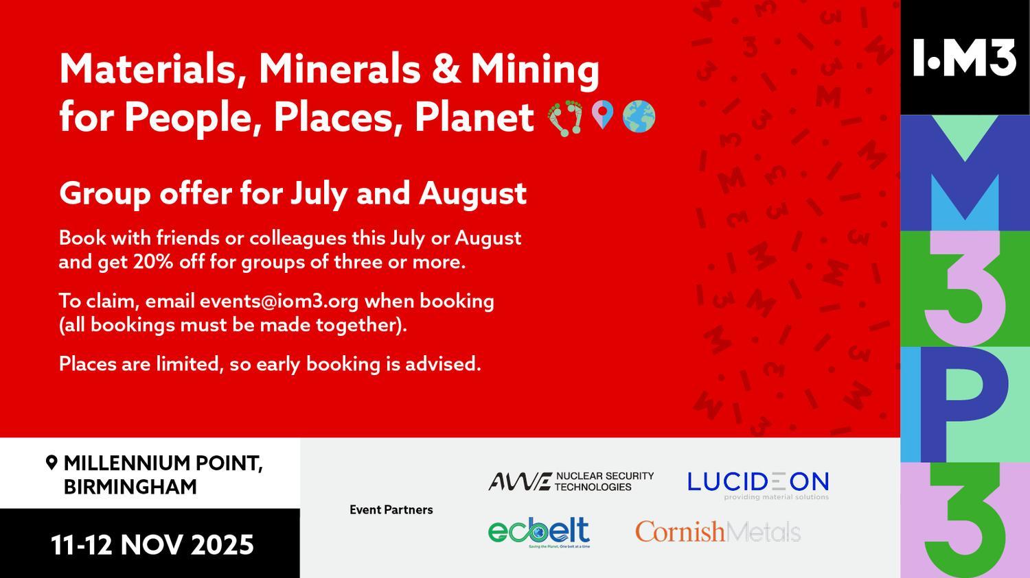 Red banner advertisement promoting group booking offer for 3 or more delegates booked throughout July and August