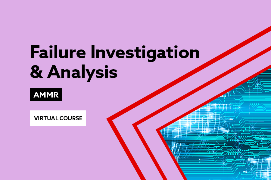 Lilac background with red highlights around an abstract image and text Failure Investigation & Analysis virtual course