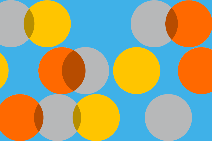 Blue background with overlapping yellow, orange and grey circles